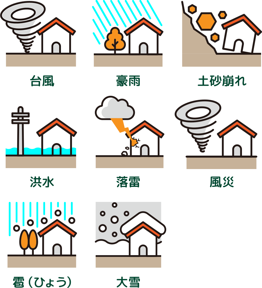 台風 豪雨 土砂崩れ 洪水 落雷 風災 雹（ひょう） 大雪